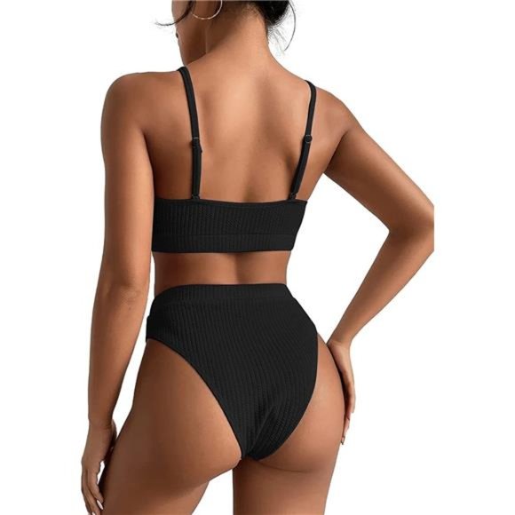 High Waisted Tummy Control Ribbed Bikini Crop Top Brazilian Swimsuit Set 2 Piece - Picture 5 of 5
